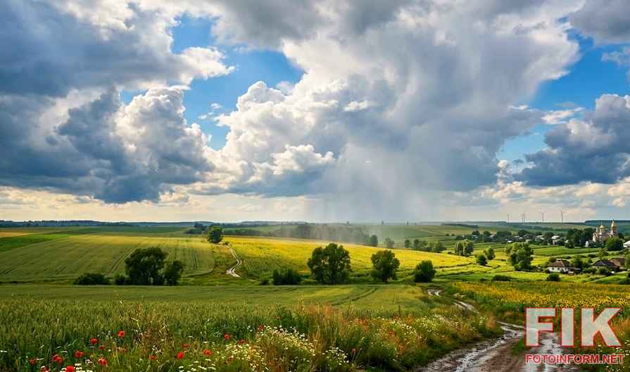 Хмарне небо з проясненнями та літній дощ в Україні, ілюстрація до прогнозу погоди.