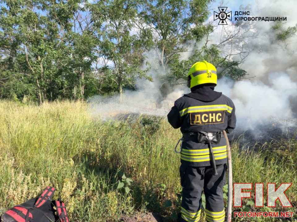 Рятувальники ДСНС ліквідують пожежу сухої трави та чагарників на відкритій території у Кіровоградській області, робота вогнеборців