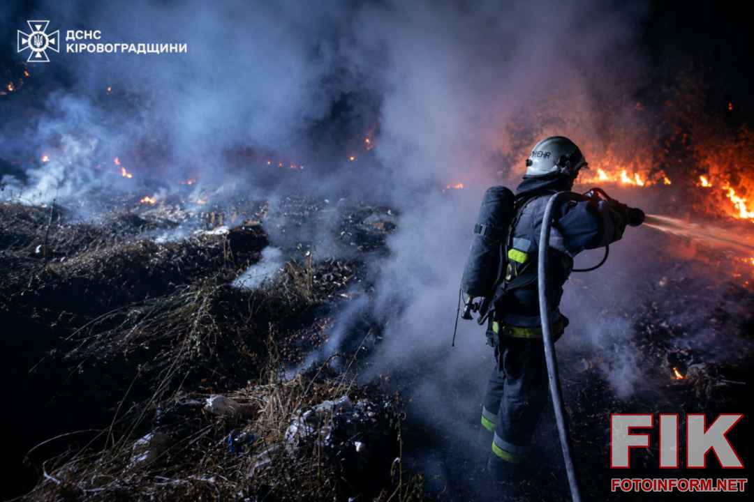 Рятувальники ДСНС ліквідують пожежу сухої трави та сміття на відкритій території у Кіровоградській області, вогнеборці гасять полум'я.