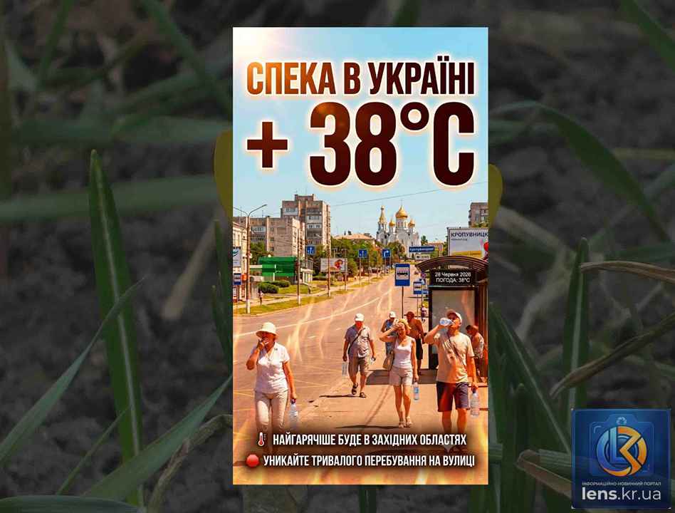 палає червоним кольором від спеки, з позначкою температури +38 градусів та застереженням про небезпеку тривалого перебування на сонці 29 червня