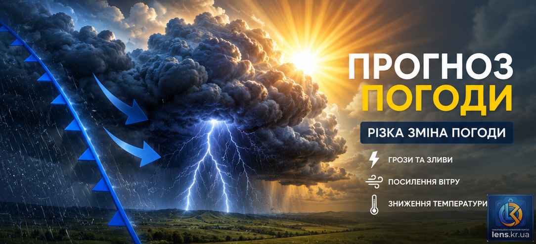 Блискавка розсікає темне грозове небо над містом, ілюструючи наближення холодного атмосферного фронту та шквального вітру.
