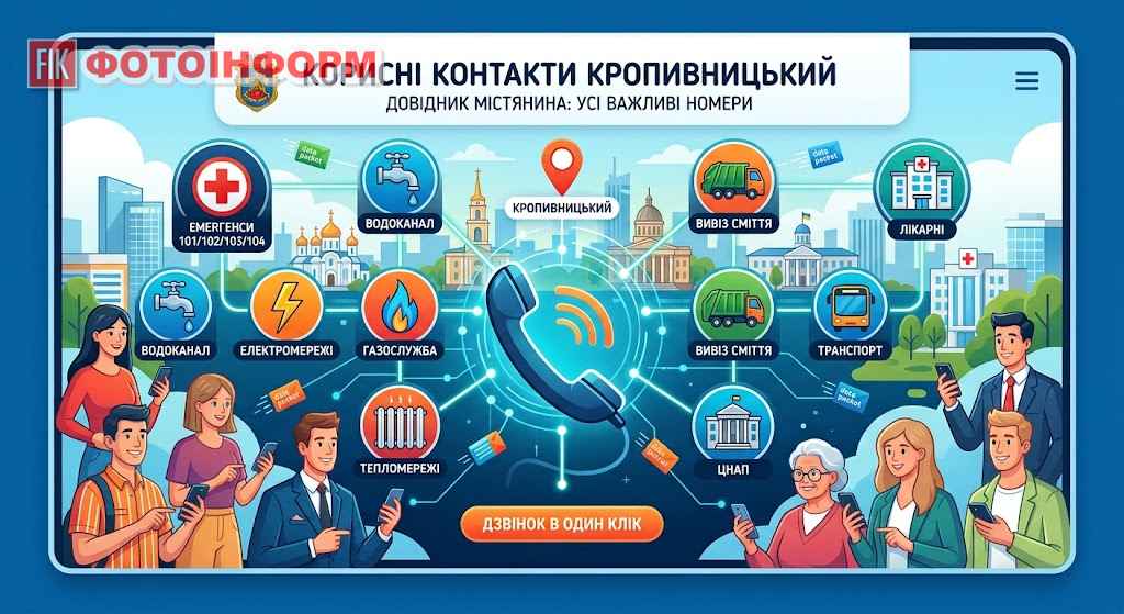 Довідник містянина "Корисні контакти Кропивницький" із телефонами аварійних, комунальних та соціальних служб.