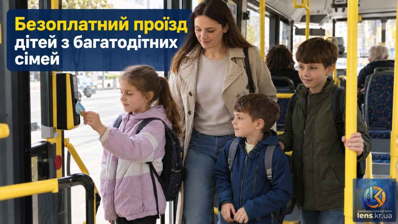 Інфографіка про безоплатний проїзд дітей з багатодітних сімей у громадському транспорті.